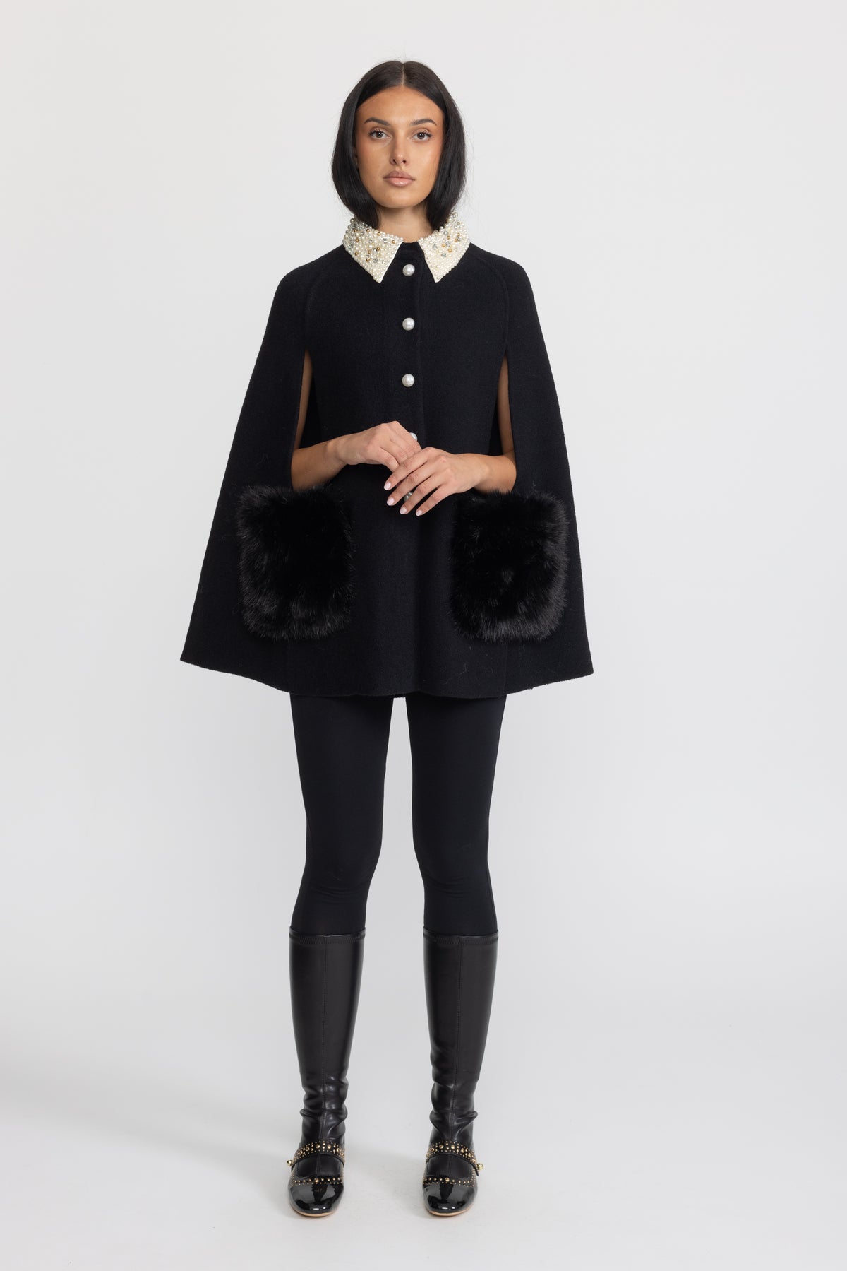 Pearl Embellished Collar Cape with Faux Fur Pockets - Black