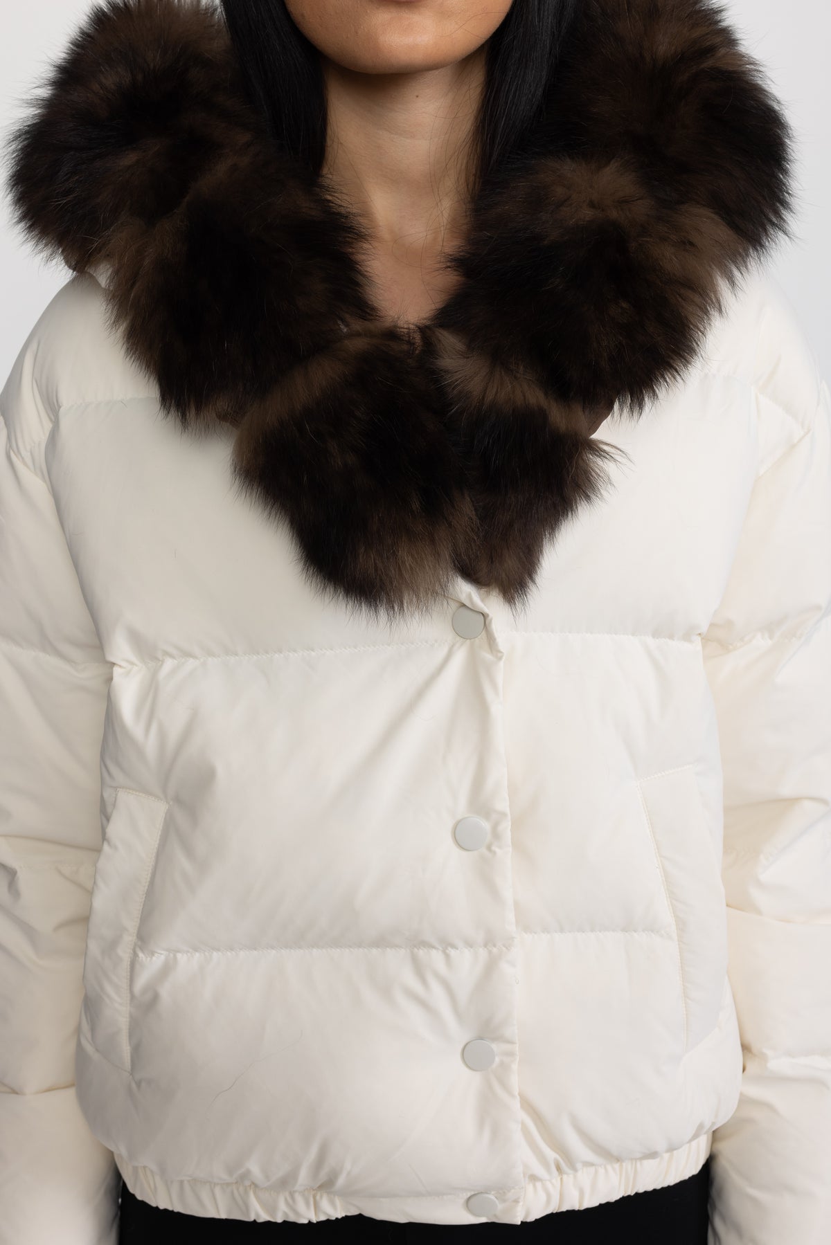 Fox Fur Hood Cropped Down Puffer Jacket - Ivoire