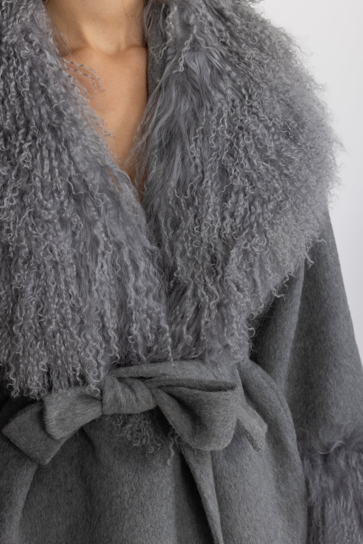 Belted Wool Jacket with Curly Fur-Effect Collar and Cuffs - Grey