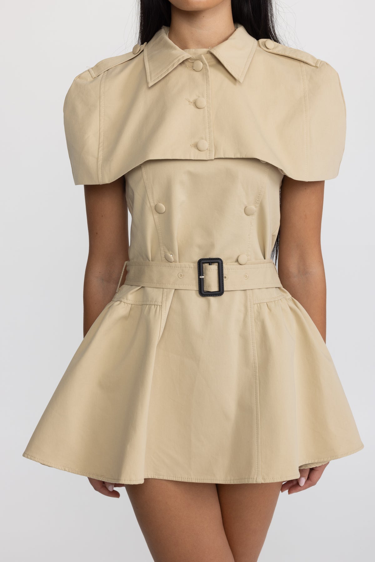 Halter Trench Mini Dress with Detachable Capelet - Khaki