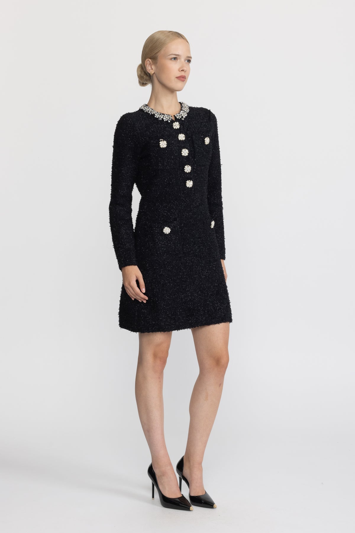 Crystal Embellished Bouclé Knit Mini Dress - Black