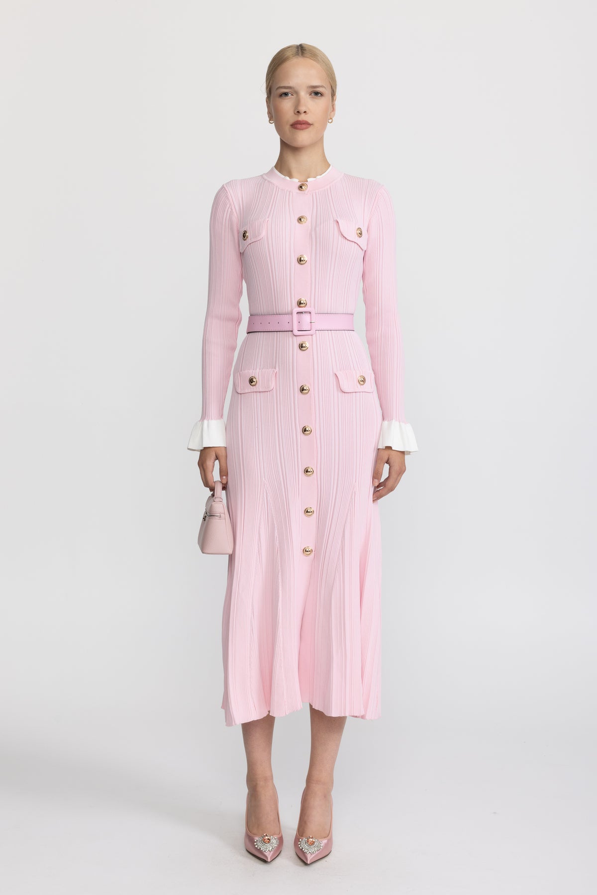 Belted Rib Knit Button-Front Midi Dress - Pink