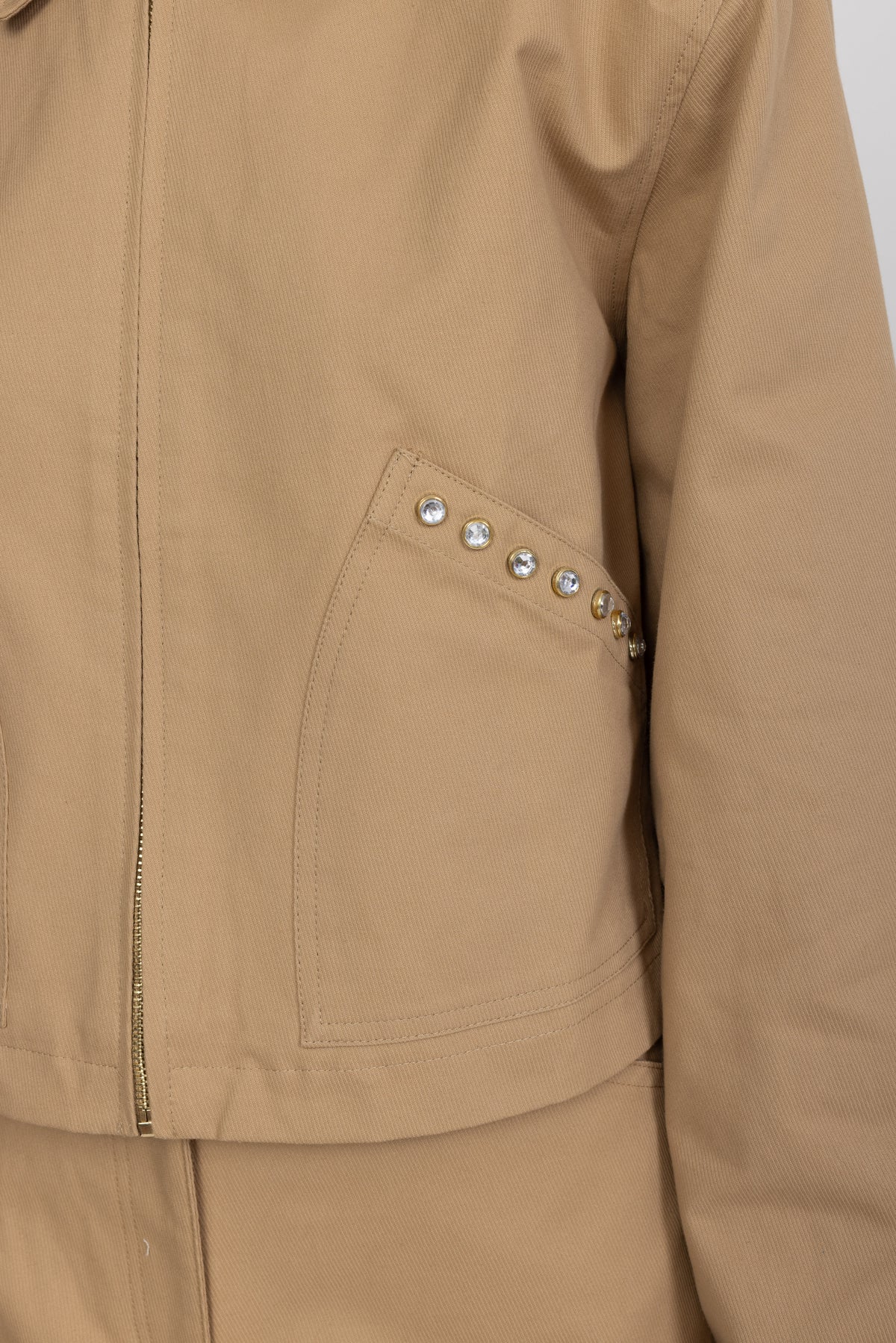 Crystal Stud Cropped Canvas Zip Jacket - Khaki