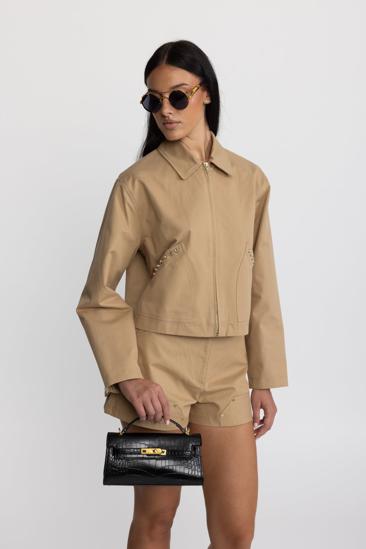 Crystal Stud Cropped Canvas Zip Jacket - Khaki