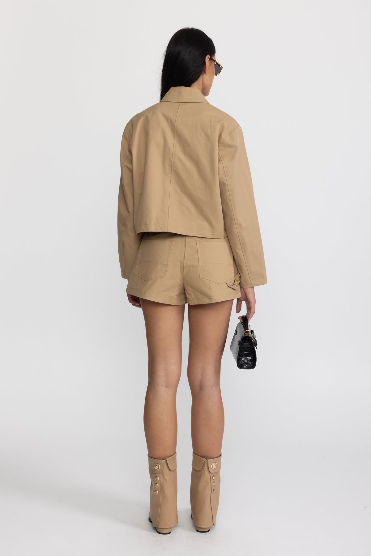 High-Waisted Studded Panel Twill Shorts - Khaki