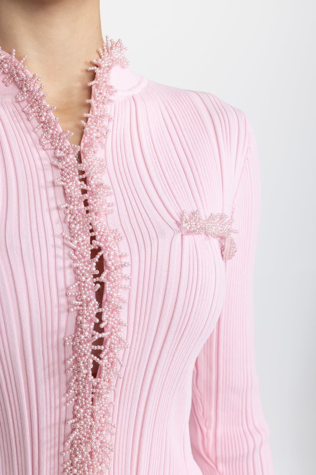 Beaded Trim Rib Knit Cardigan and Mini Skirt Co-ord Set - Pink
