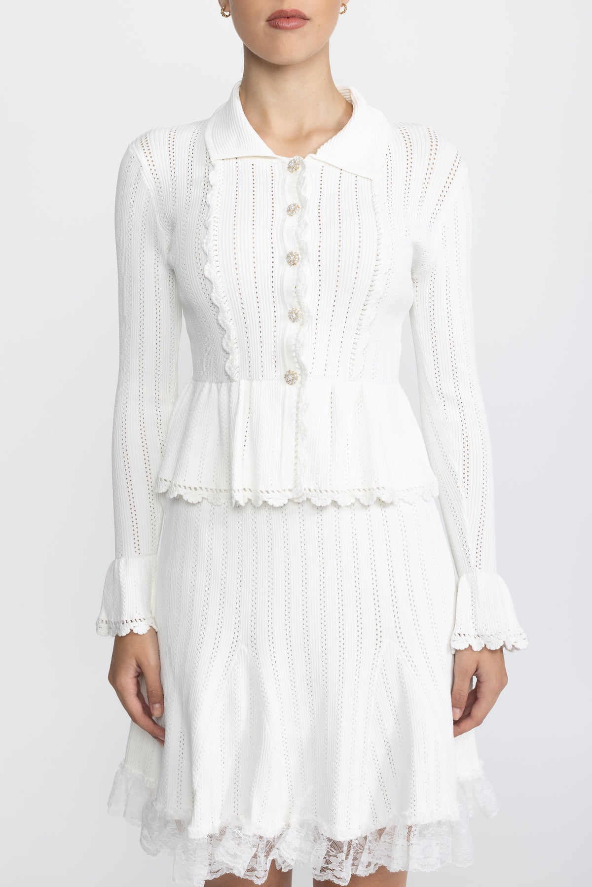 Pointelle Knit Peplum Cardigan and Lace Hem Skirt Co-ord Set - White