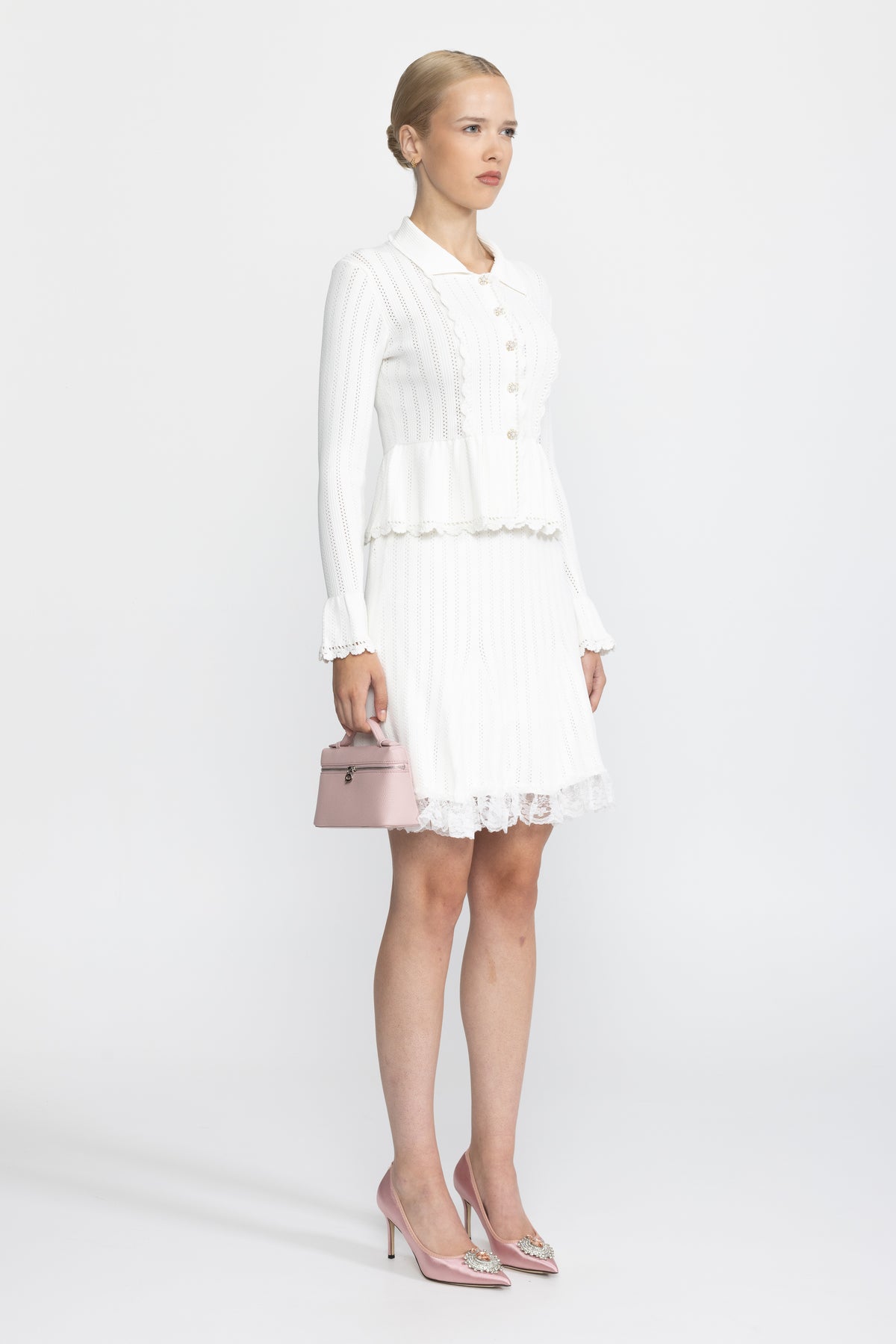 Pointelle Knit Peplum Cardigan and Lace Hem Skirt Co-ord Set - White