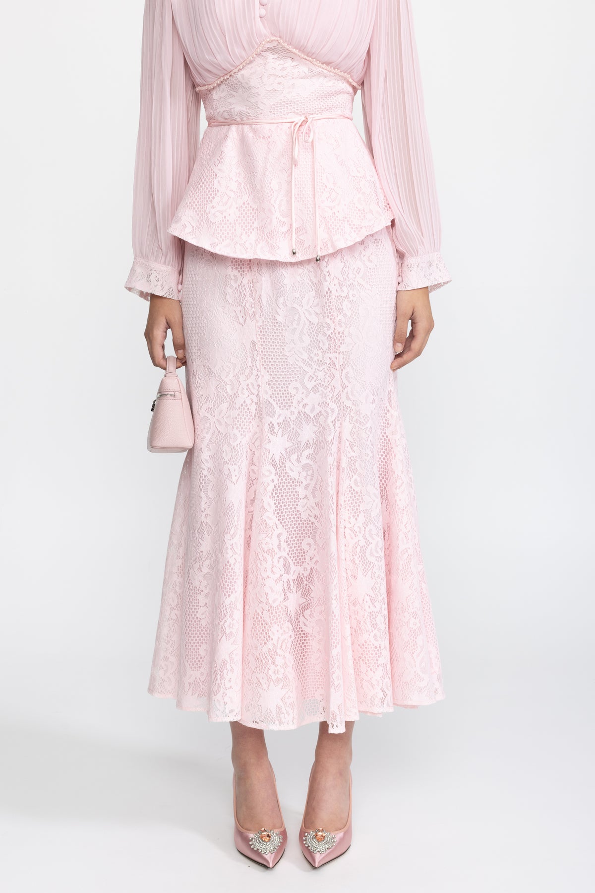 Pleated Chiffon Lace Peplum Blouse and Maxi Skirt Set - Pink