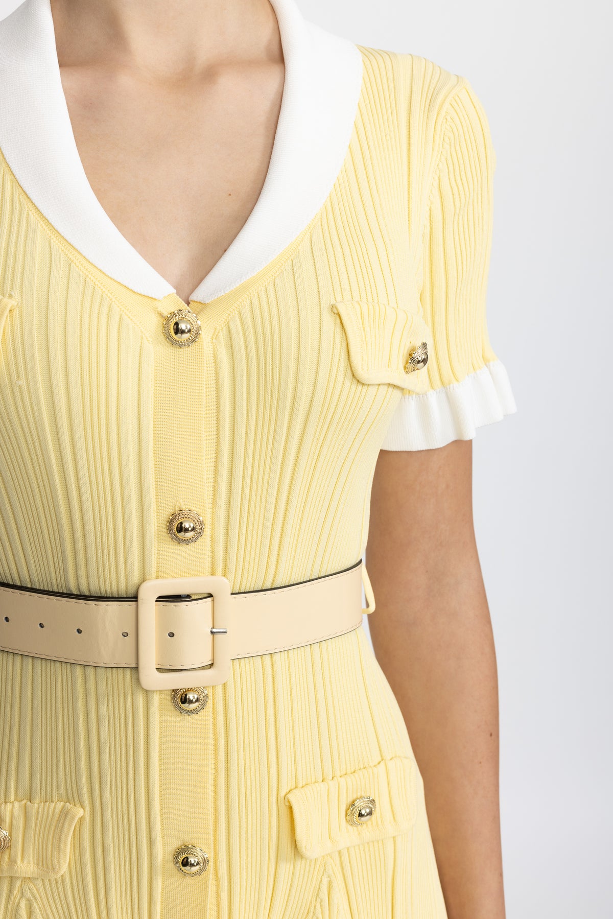 Ribbed Knit Contrast Collar Belted Mini Dress - Yellow