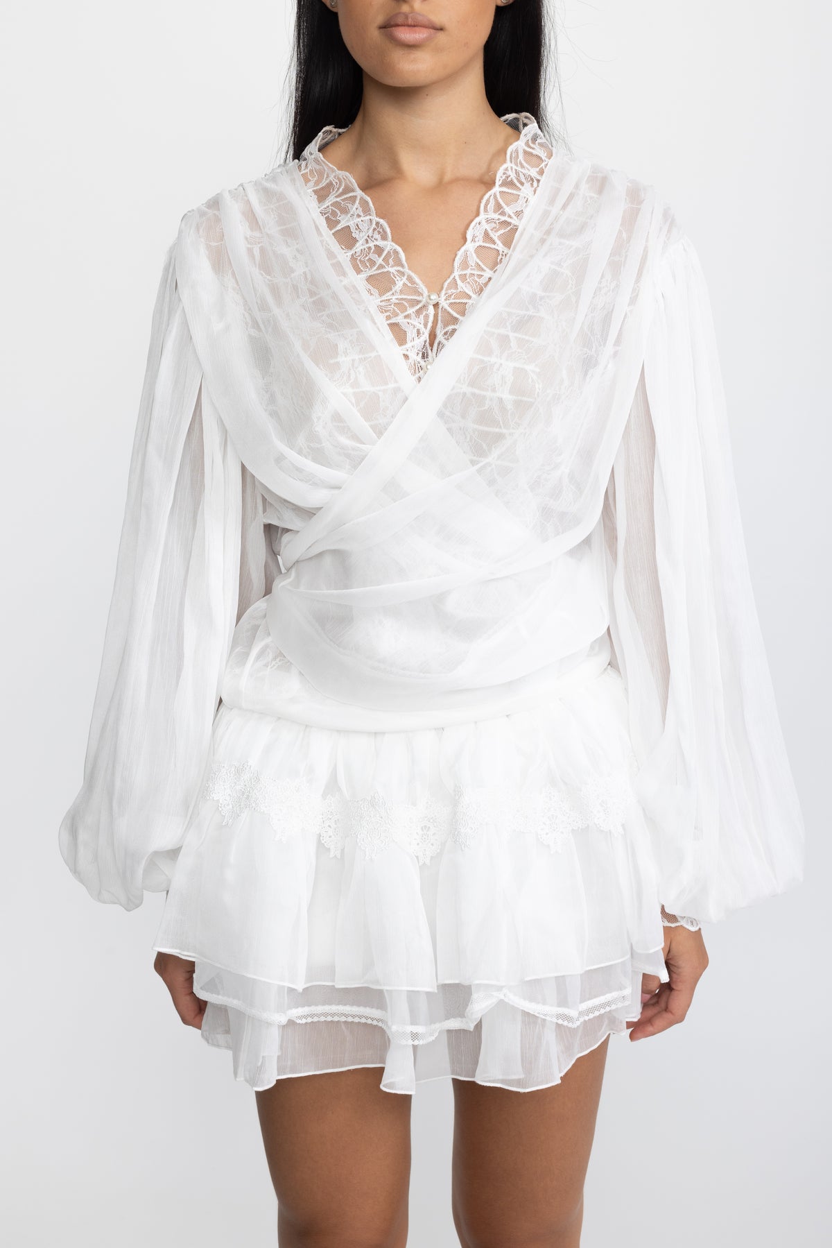 Lace Inset Chiffon Wrap Blouse and Ruffle Mini Skirt Co-ord Set - White
