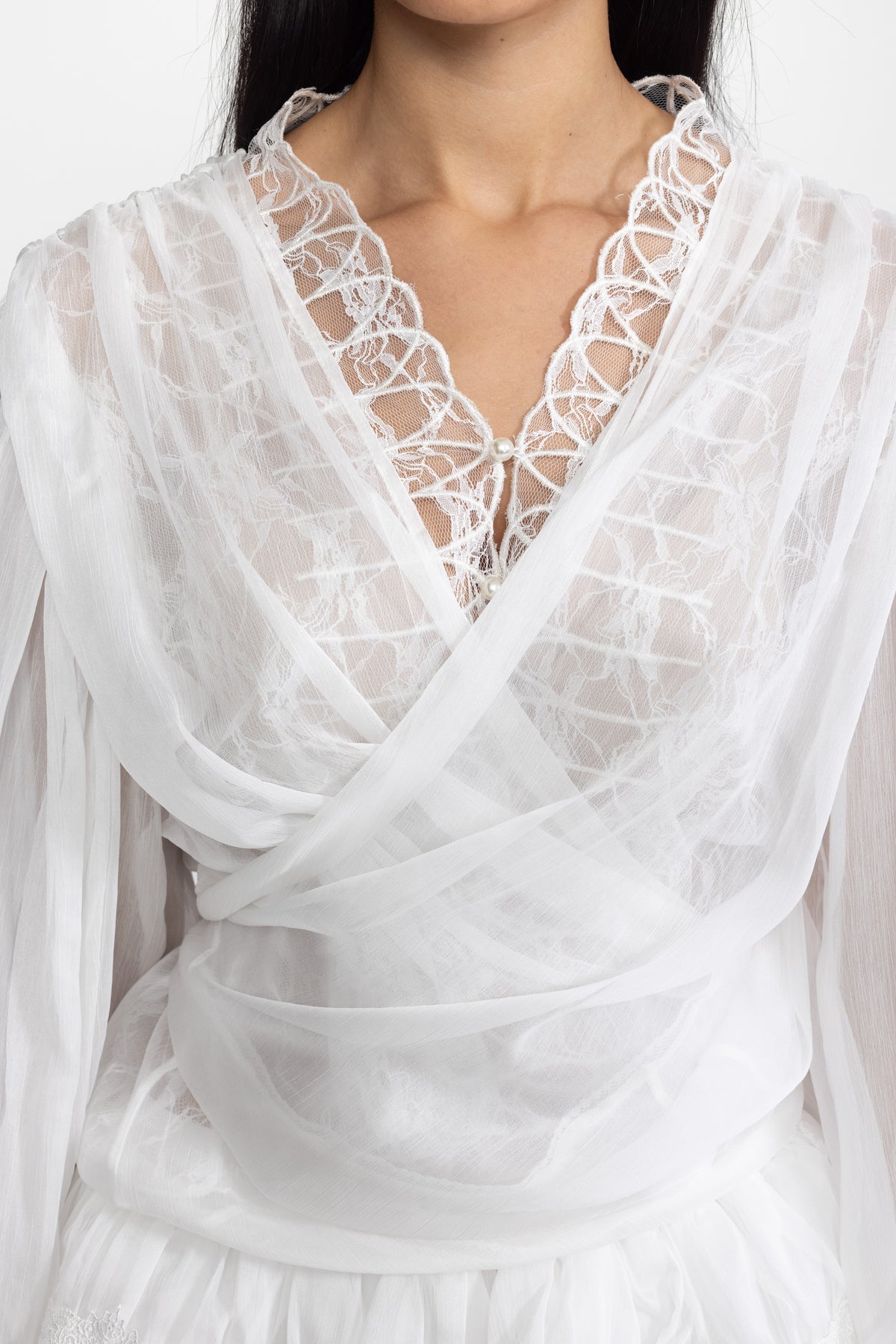 Lace Inset Chiffon Wrap Blouse and Ruffle Mini Skirt Co-ord Set - White