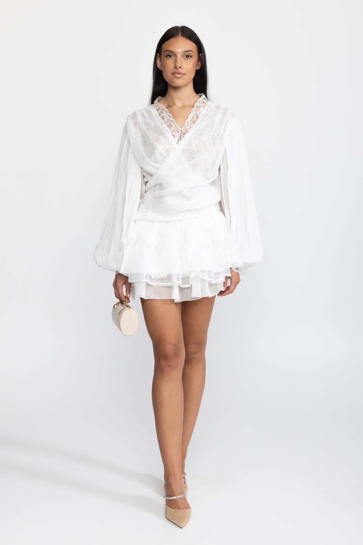 Lace Inset Chiffon Wrap Blouse and Ruffle Mini Skirt Co-ord Set - White