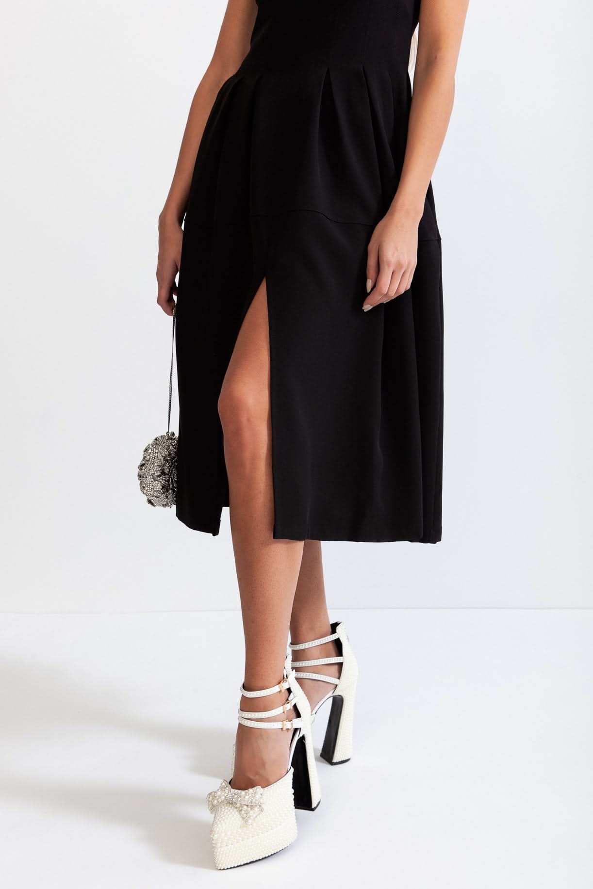 Flower Detail Mid-Calf Dress - Black