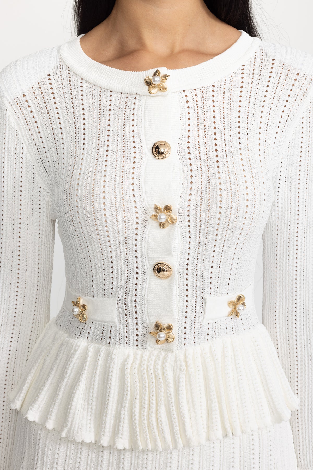 Pointelle Knit Peplum Mini Dress with Flower Buttons - White