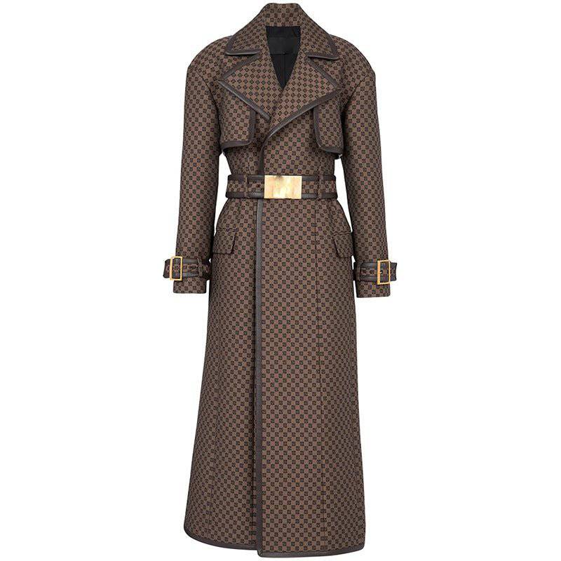 Jacquard Trench Coat With Gold Buckle Waist Belt - Brown