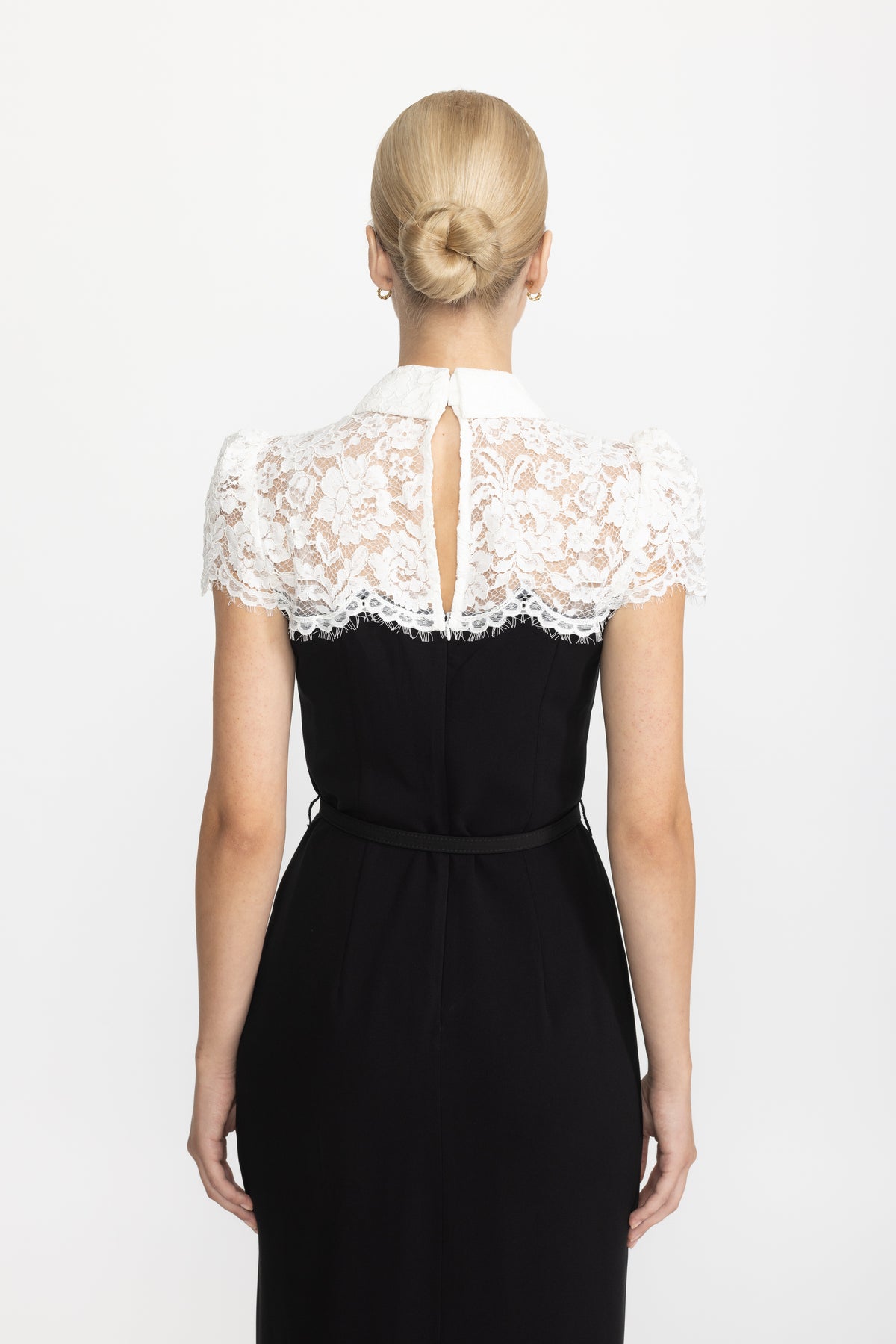 Lace Yoke Bow Collar Crepe Midi Dress - Black