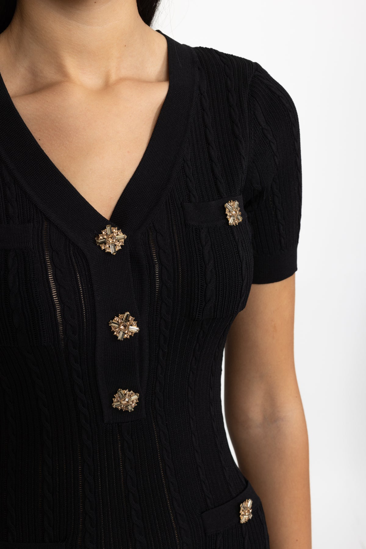 Cable Knit Jewel-Button Midi Dress - Black