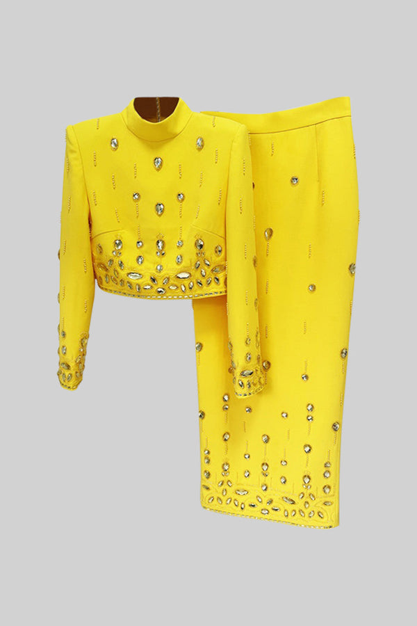 Diamond Embellished Co-Ord with Midi Skirt - Yellow