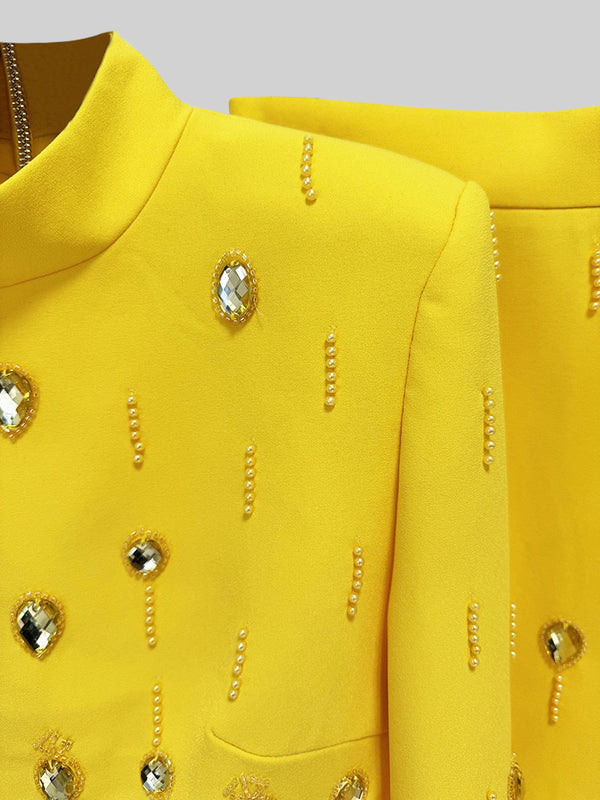 Diamond Embellished Co-Ord with Mini Skirt- Yellow