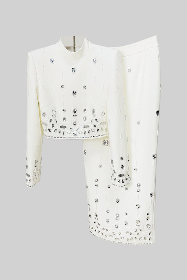 Diamond Embellished Co-Ord with Midi Skirt - White