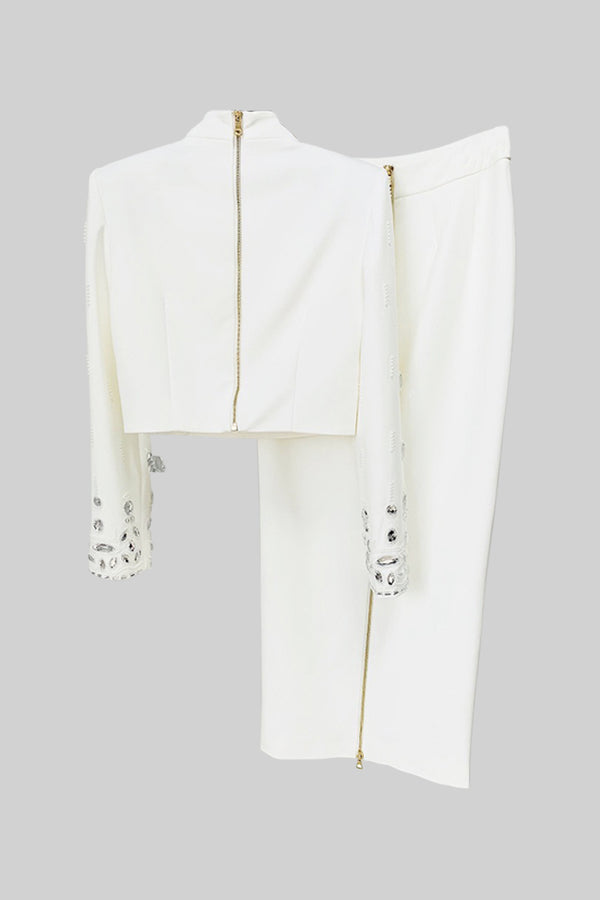 Diamond Embellished Co-Ord with Midi Skirt - White