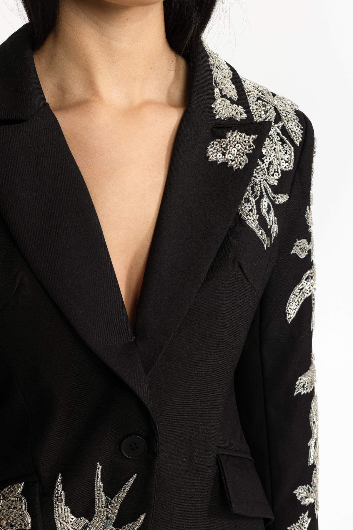 Sequin Bird Embroidered Tailored Blazer - Black