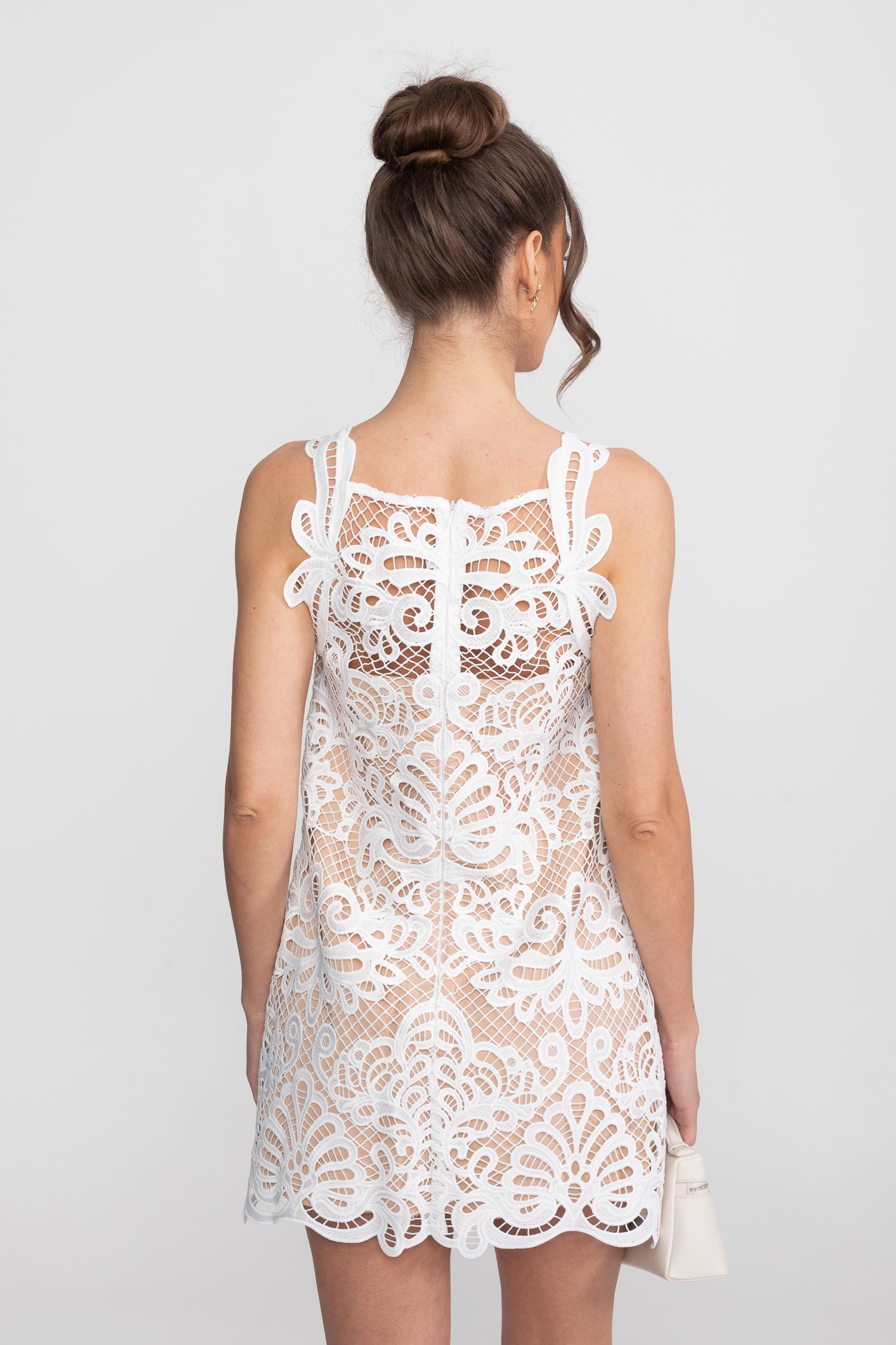 Guipure Lace Sleeveless Mini Dress With Scallop Hem - White