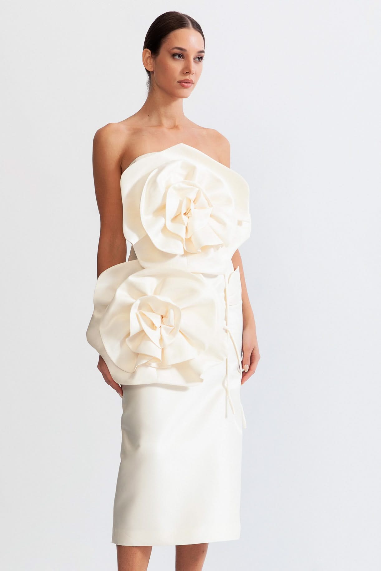 3D Voluminous Flower Design Midi Dress - Ivoire