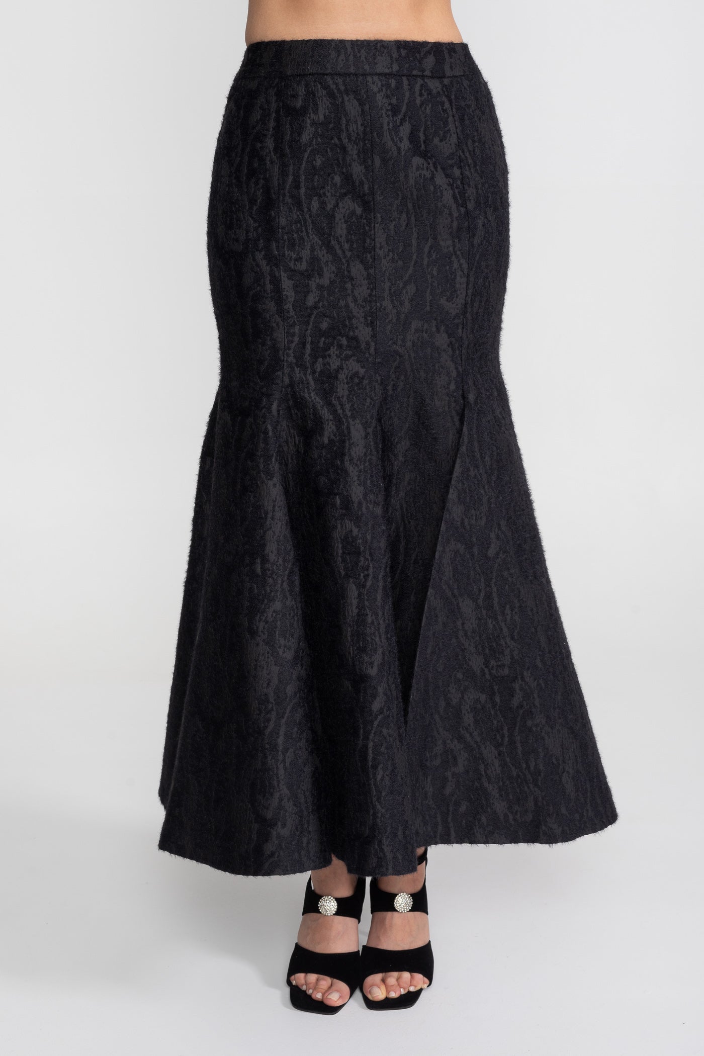 Jacquard Maxi Set With Sheer Floral Neckline And Peplum Waist - Black