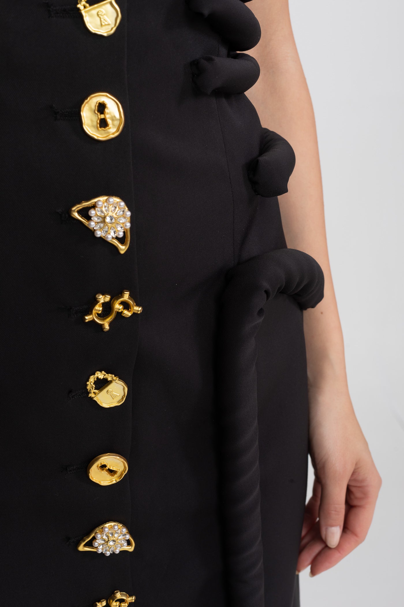 Midi Dress With Sculptural Knotted Bodice Detail And Jewel Buttons - Black