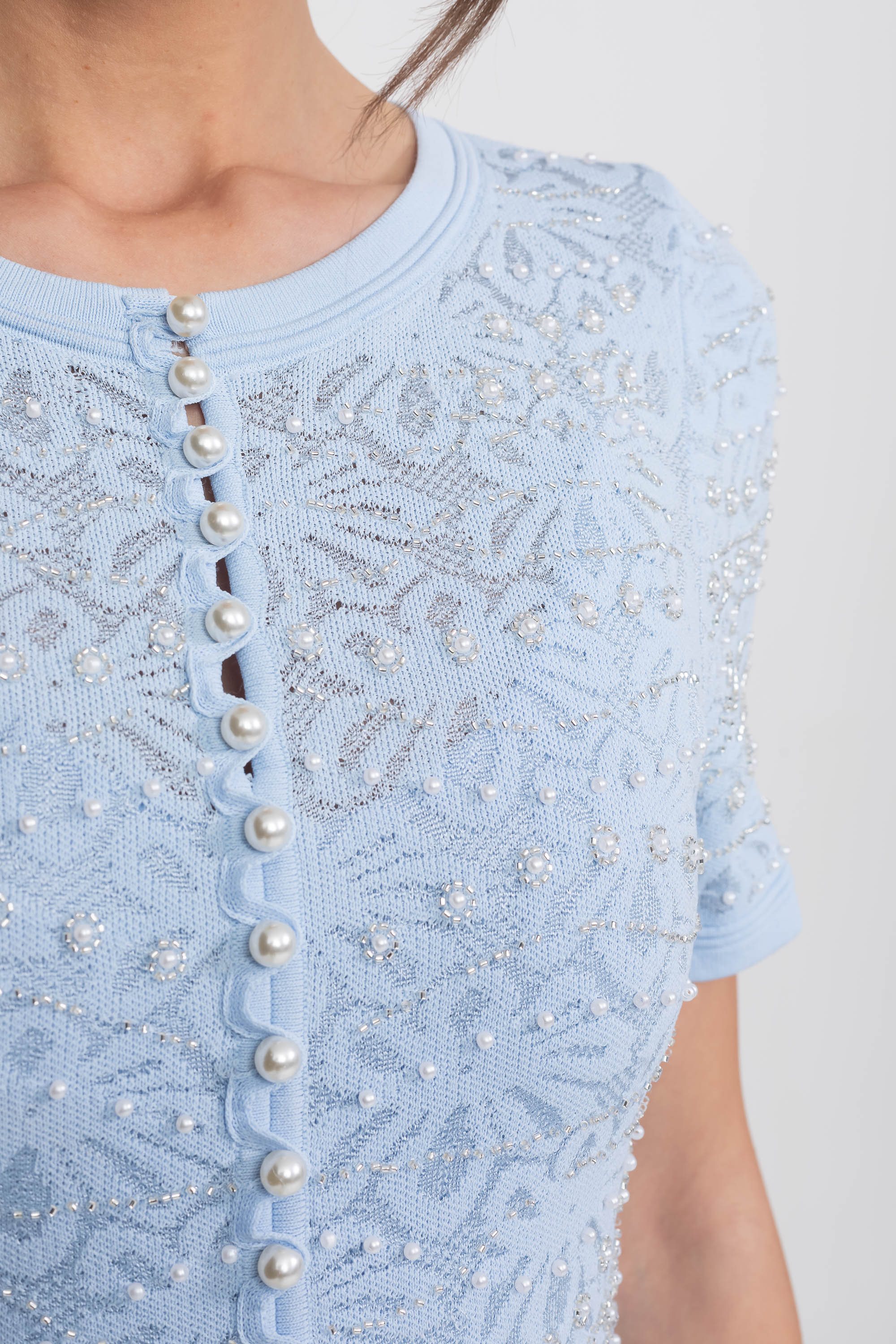 Short Sleeve Maxi Dress With Pearl Embellishments - Powder Blue