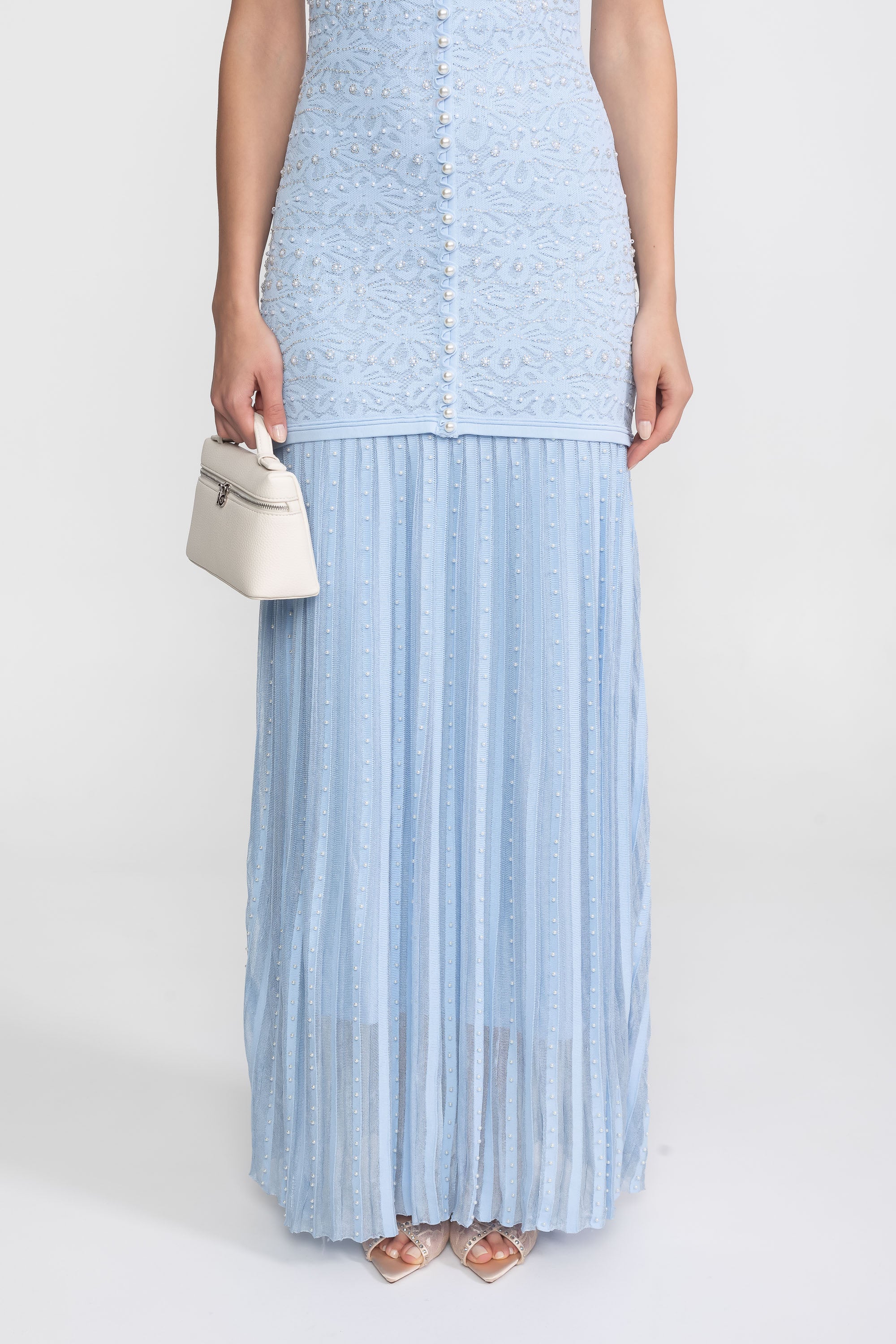 Short Sleeve Maxi Dress With Pearl Embellishments - Powder Blue