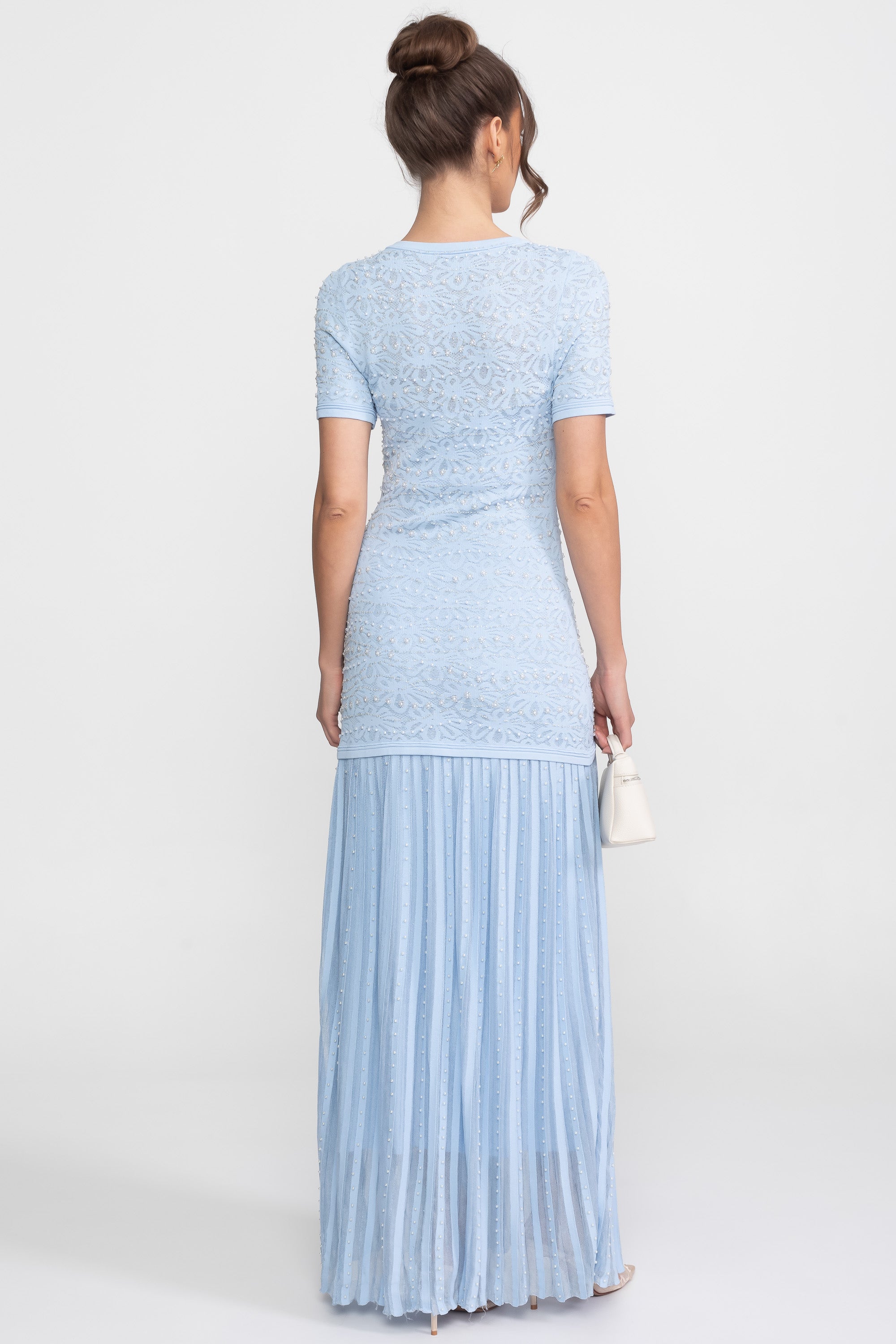 Short Sleeve Maxi Dress With Pearl Embellishments - Powder Blue