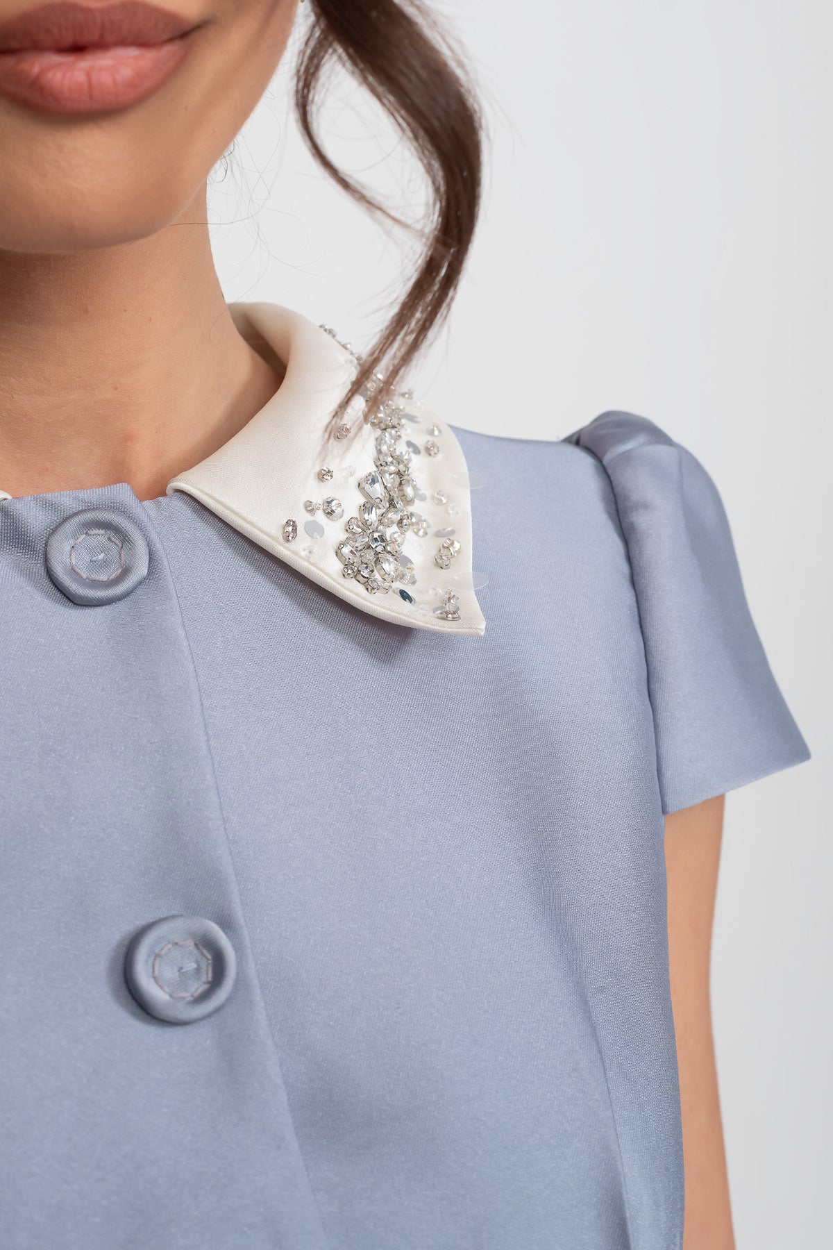 Satin Mini Dress With Crystal Peter Pan Collar And Bow Waist - Light Blue