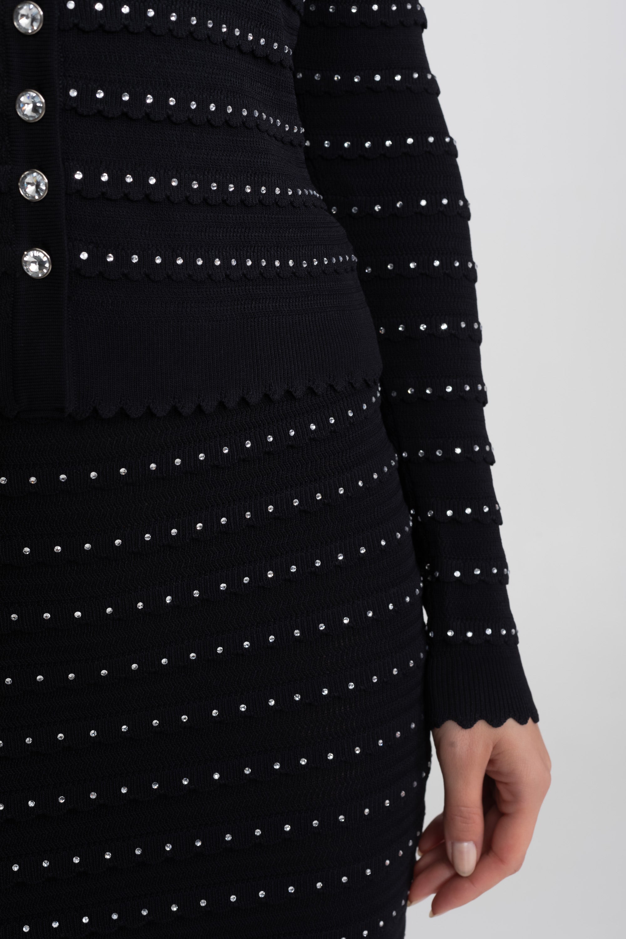 Textured Knit 3 Piece Set With Blazer, Top and Midi Skirt - Black