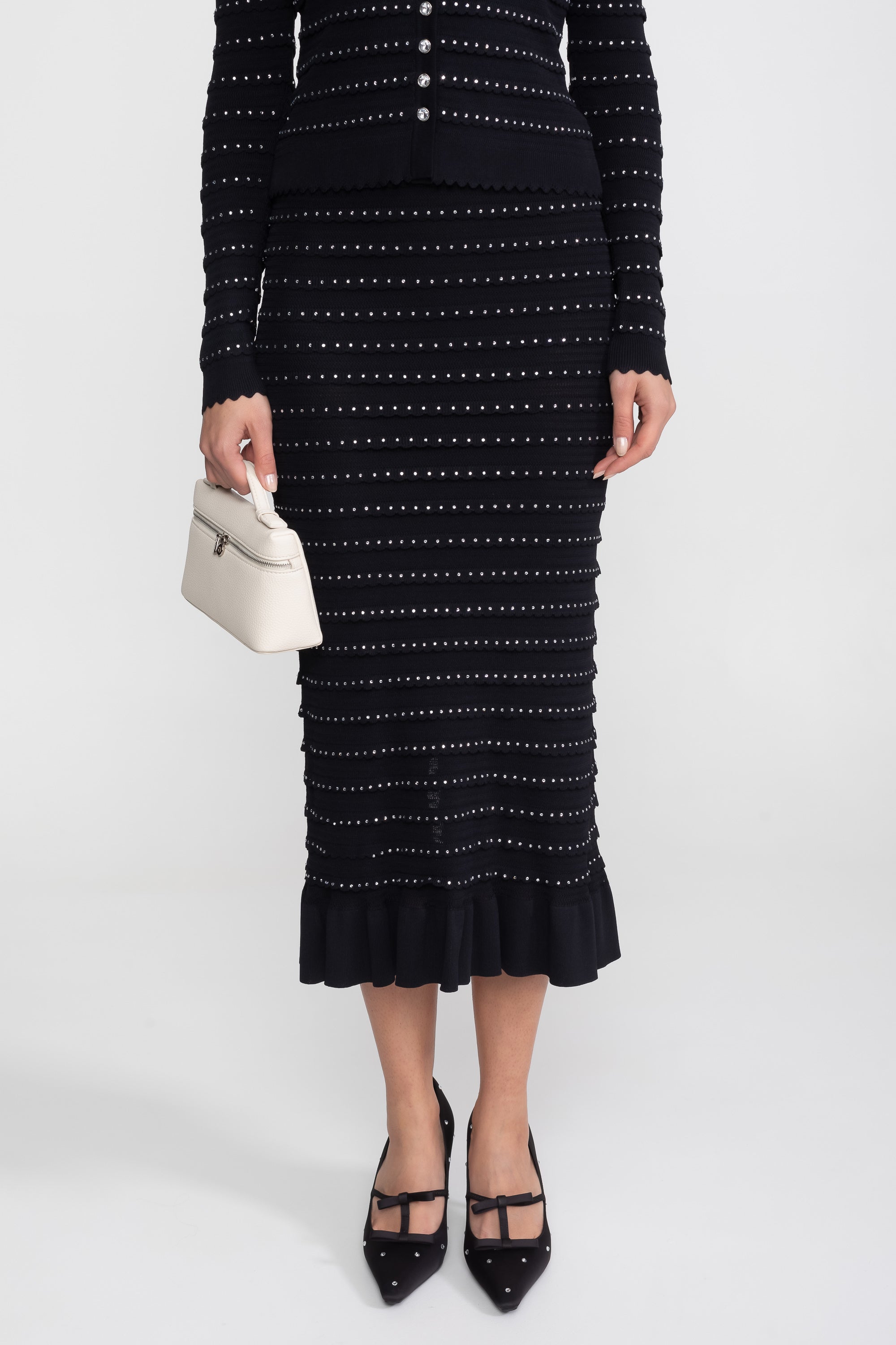 Textured Knit 3 Piece Set With Blazer, Top and Midi Skirt - Black