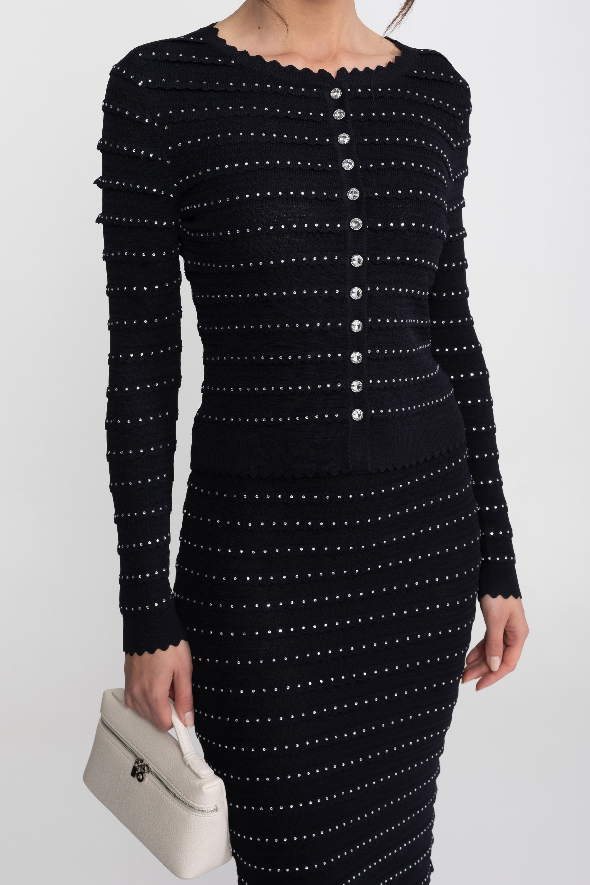 Textured Knit 3 Piece Set With Blazer, Top and Midi Skirt - Black
