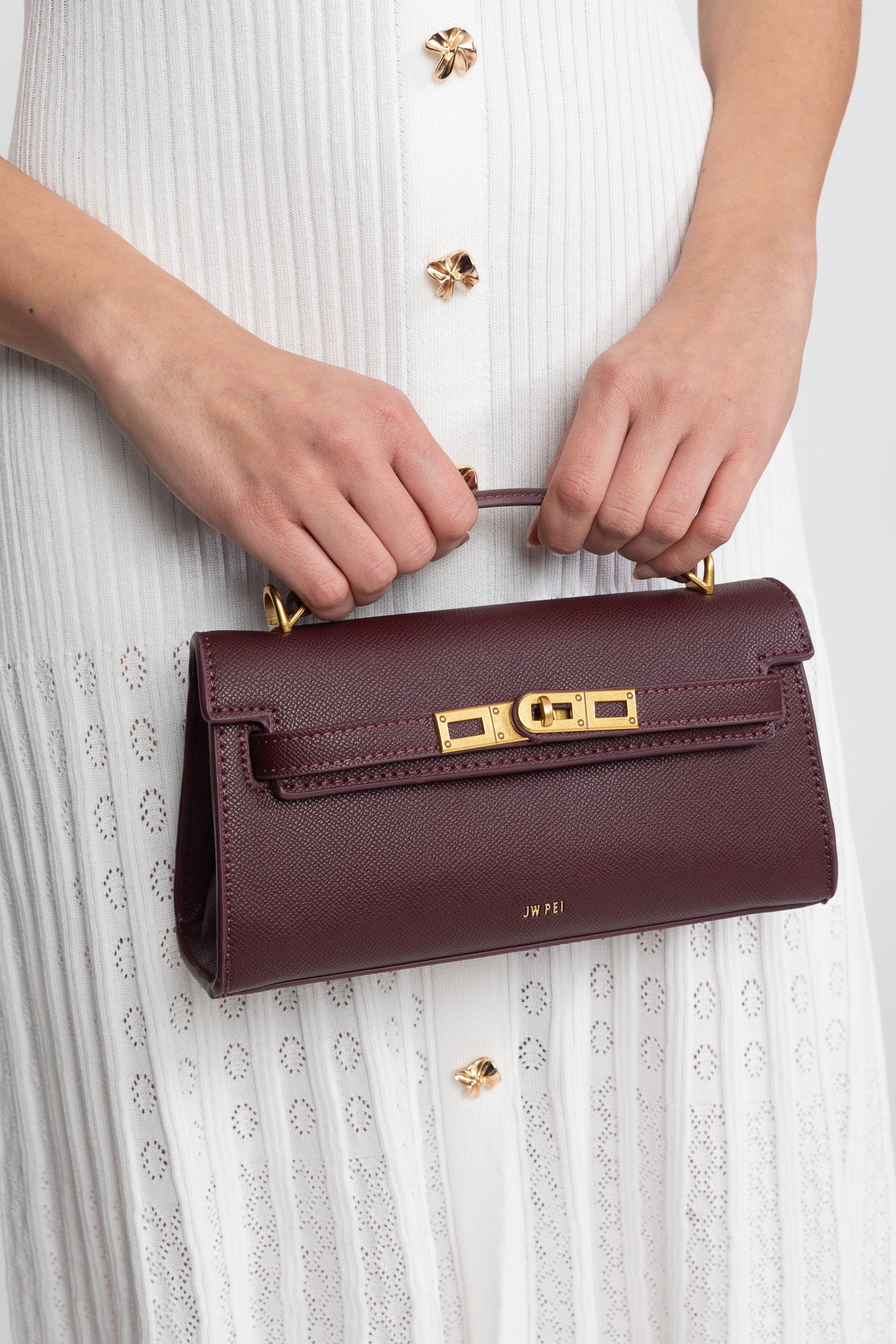 Structured Kelly-Style Mini Bag With Gold-Tone Hardware - Burgundy