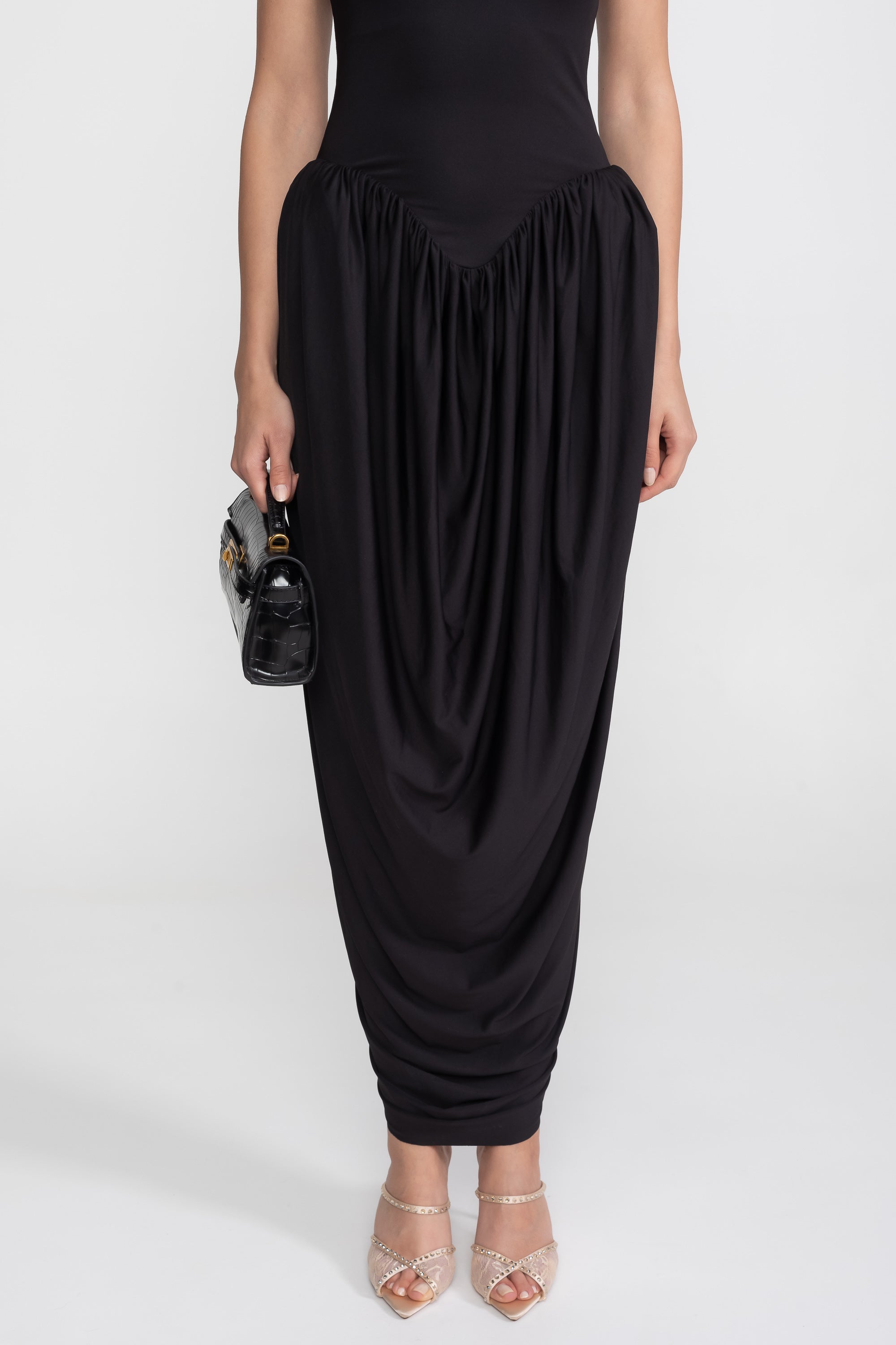 Halter-Neck Maxi Dress With Gathered Balloon Skirt - Black