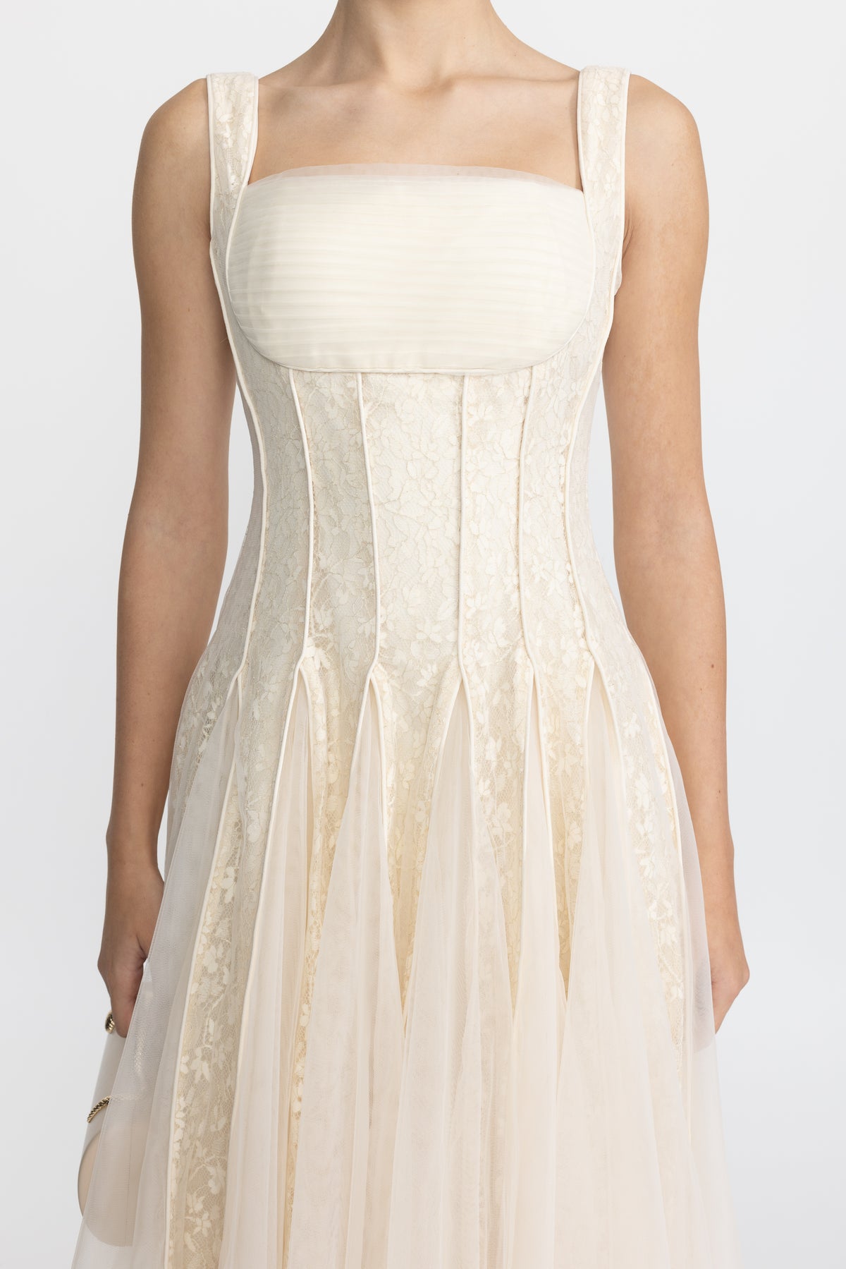 Lace Panel Corset Tulle Midi Dress - Ivoire