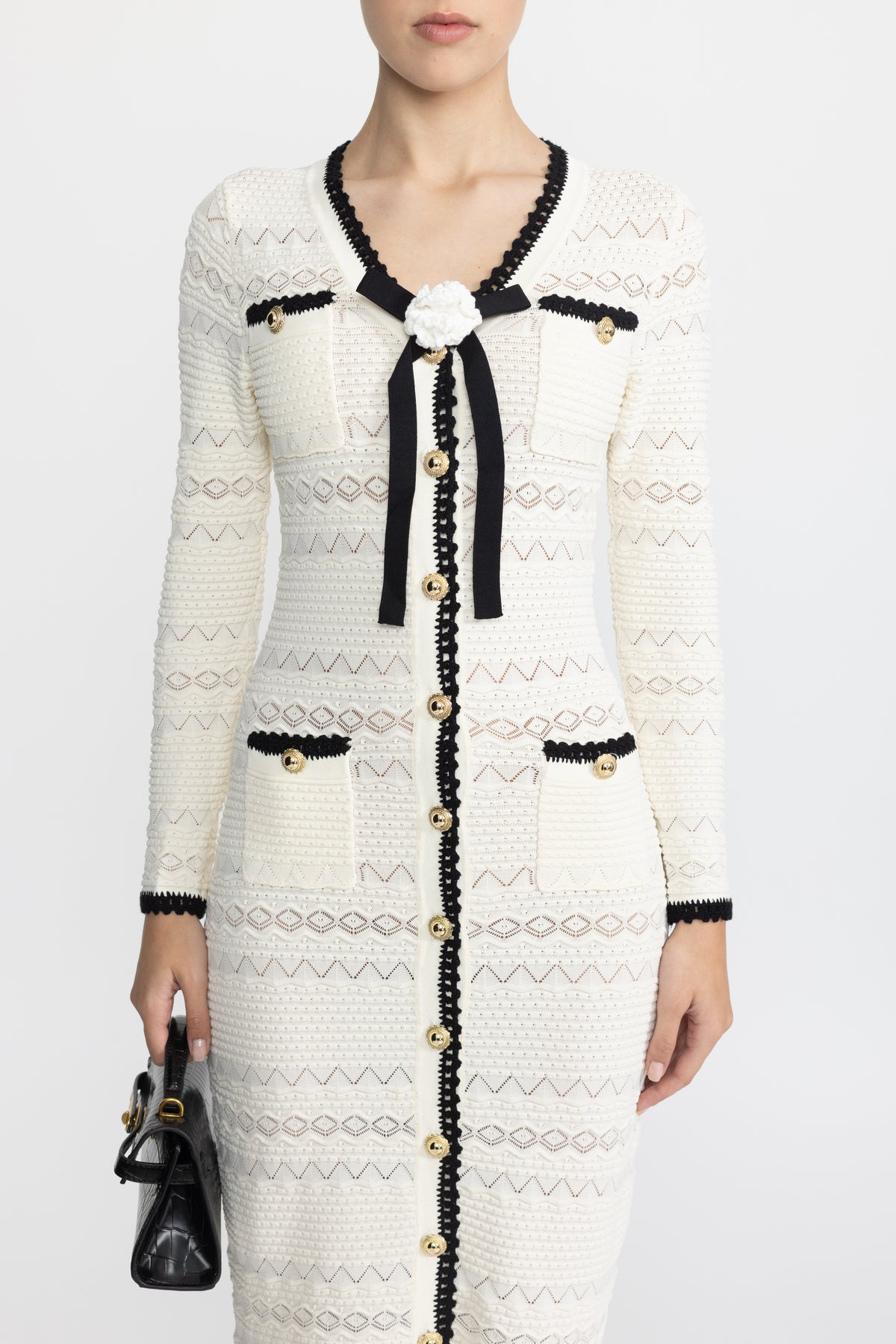 Crochet Trim Knit Button Midi Dress with Flower Brooch - Ivoire
