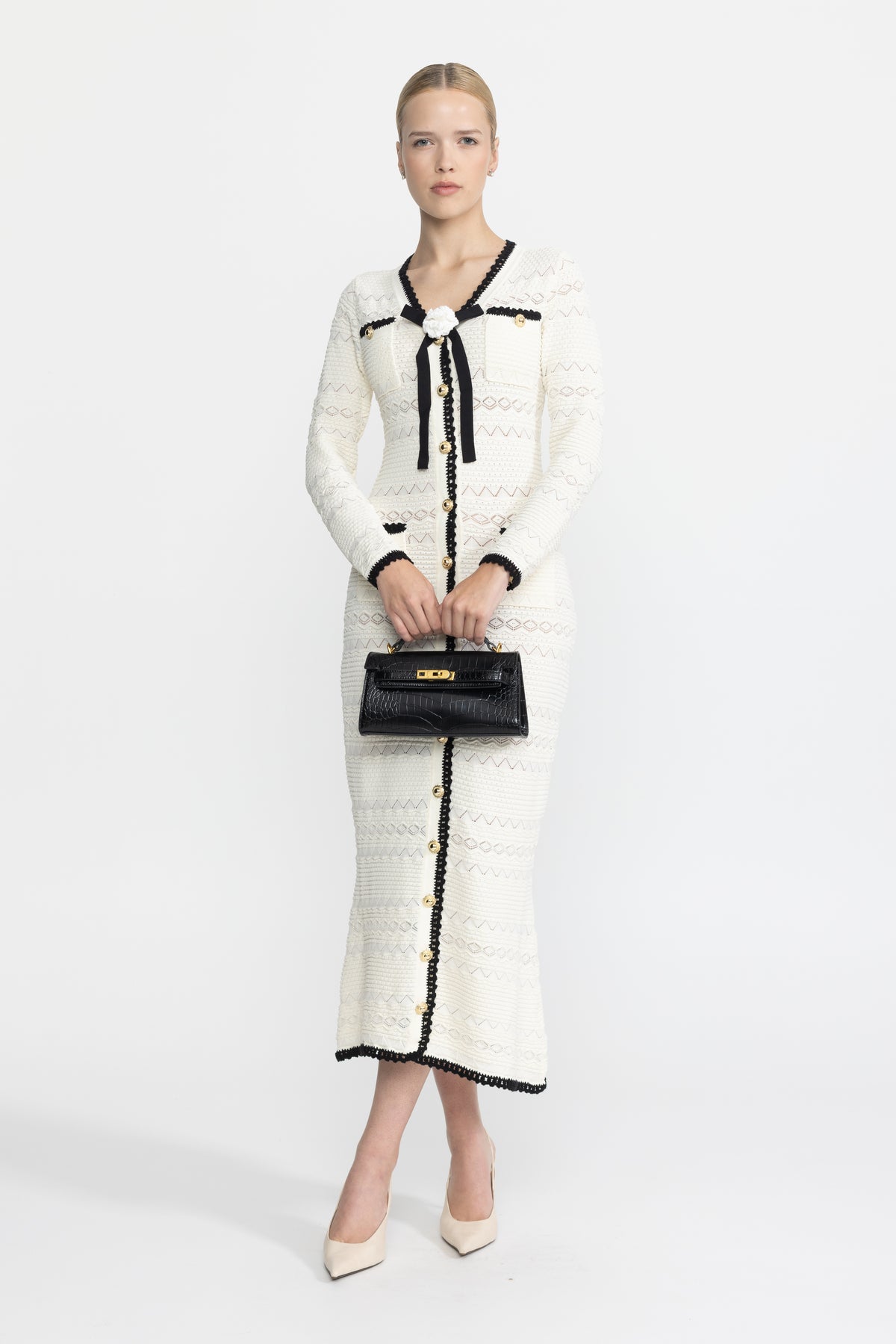 Crochet Trim Knit Button Midi Dress with Flower Brooch - Ivoire