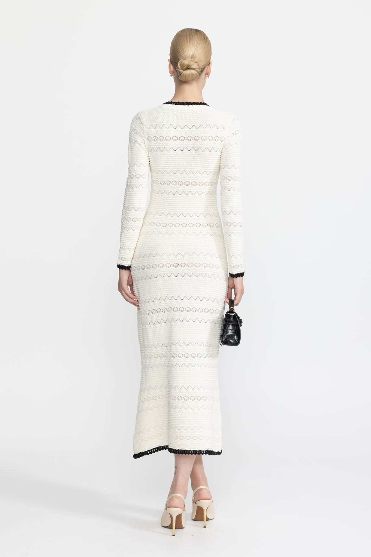 Crochet Trim Knit Button Midi Dress with Flower Brooch - Ivoire