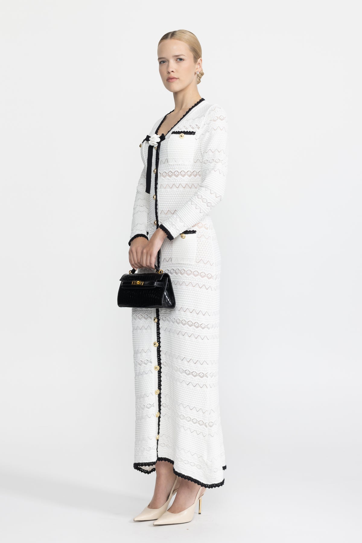 Crochet Trim Knit Button Midi Dress with Flower Brooch - White