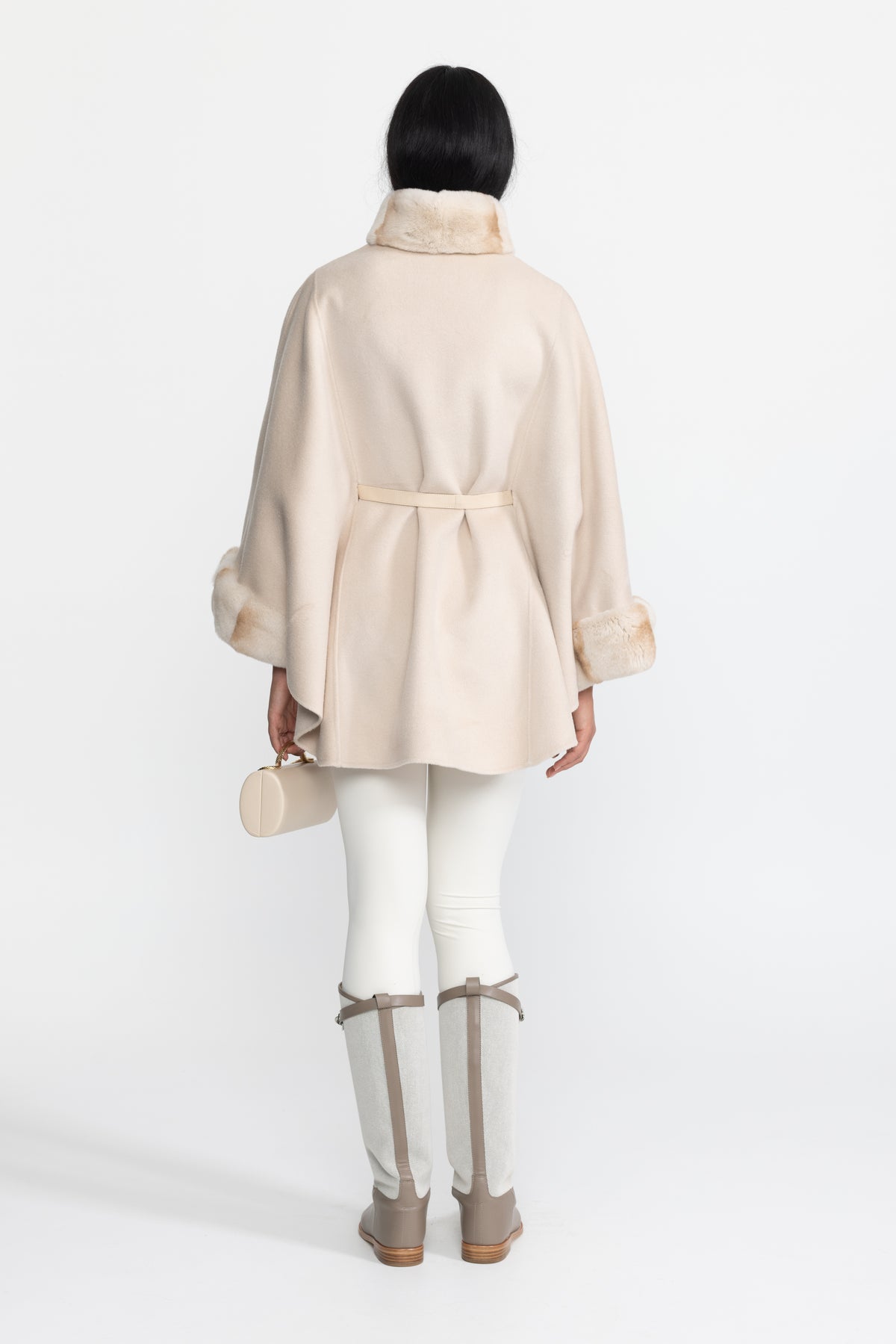 Belted Wool&Cashmere Cape Coat with Chinchilla Rex Fur Collar and Cuffs - Ivoire