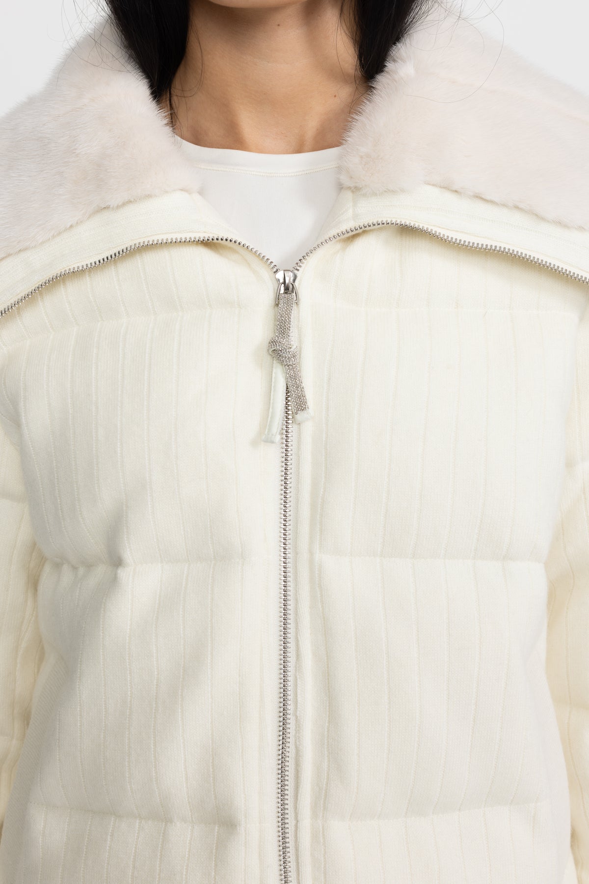 Ribbed Cashmere Down Puffer Jacket with Mink Fur Collar - Ivoire