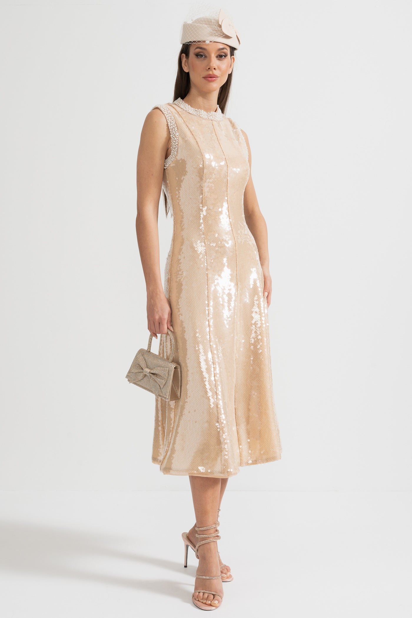Elegant Sequin Dress With White Pearl Embellishments