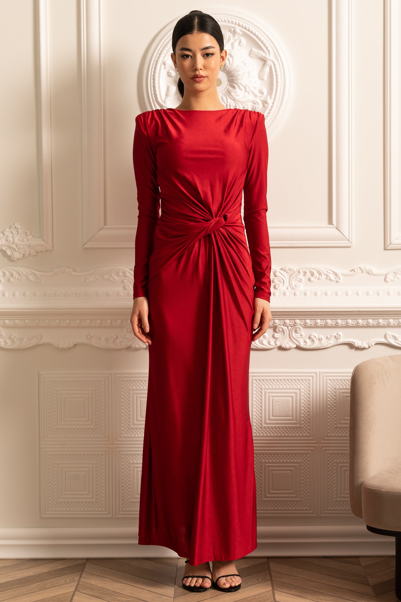 Satin Dress With Long Sleeves, Side Draping And Twisted Waist Detail - Red