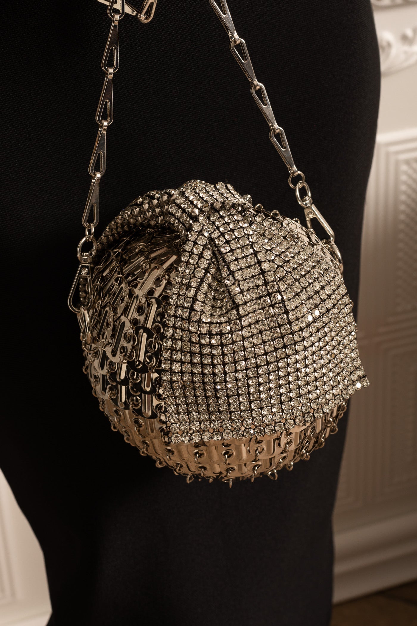 Spherical Metallic Handbag With Shimmering Embellishments - Silver